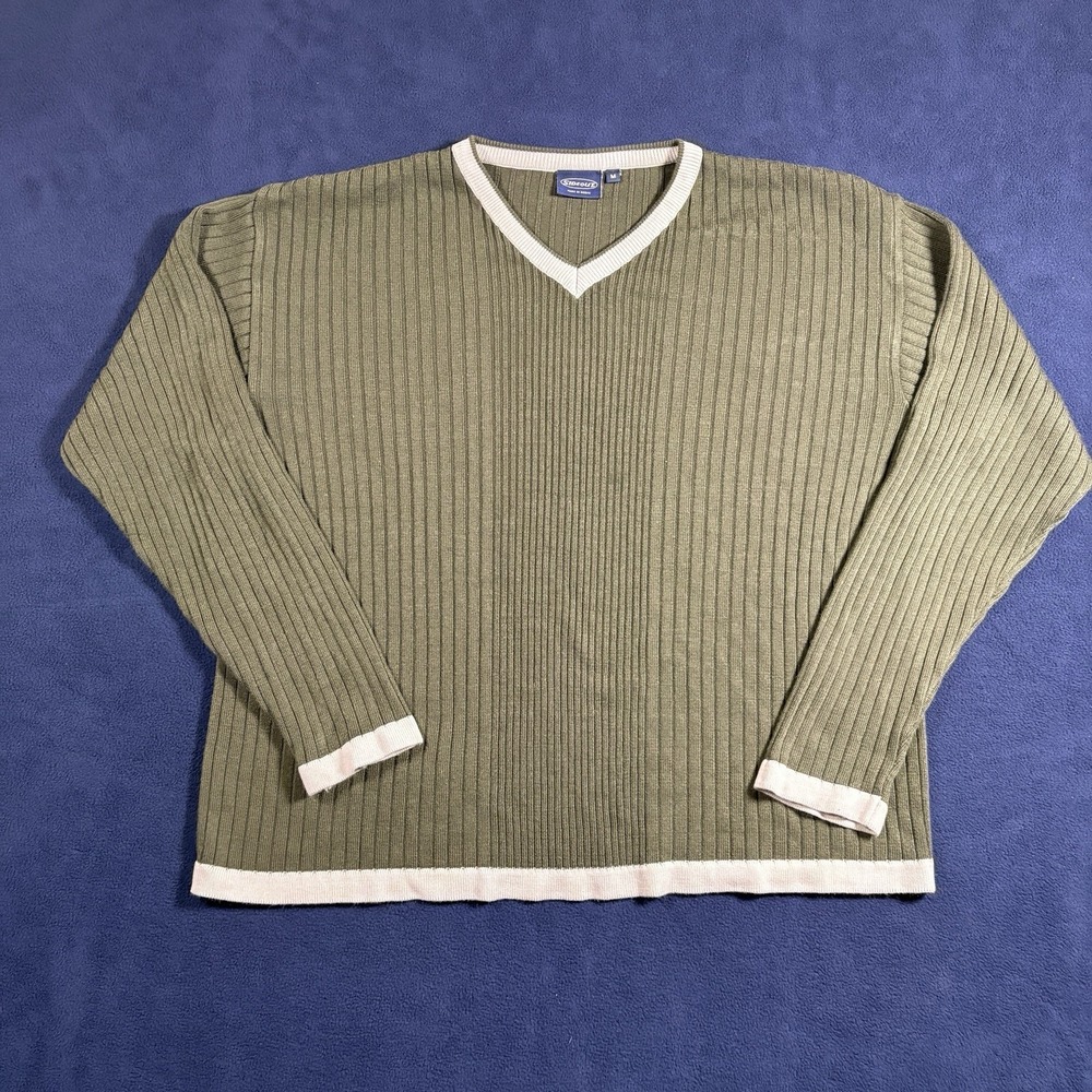 Vtg 90s Sideout Ribbed Knit V Neck Sweater Mens M Olive Green Contrast Trim Surf
